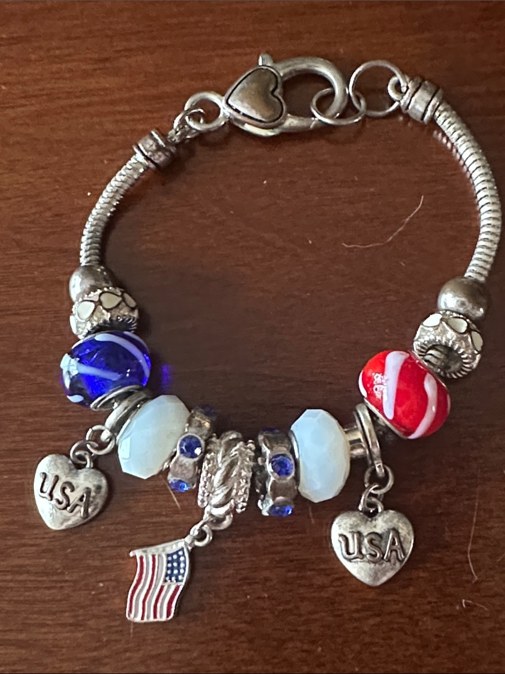 Patriotic Red, White & Blue Charm Bracelet with USA Heart and Flag Charms